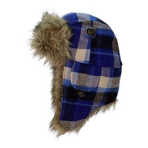 American Eagle Outfitters Trapper Hat Blue & Grey‎ Plaid Faux Fur Lined One Size